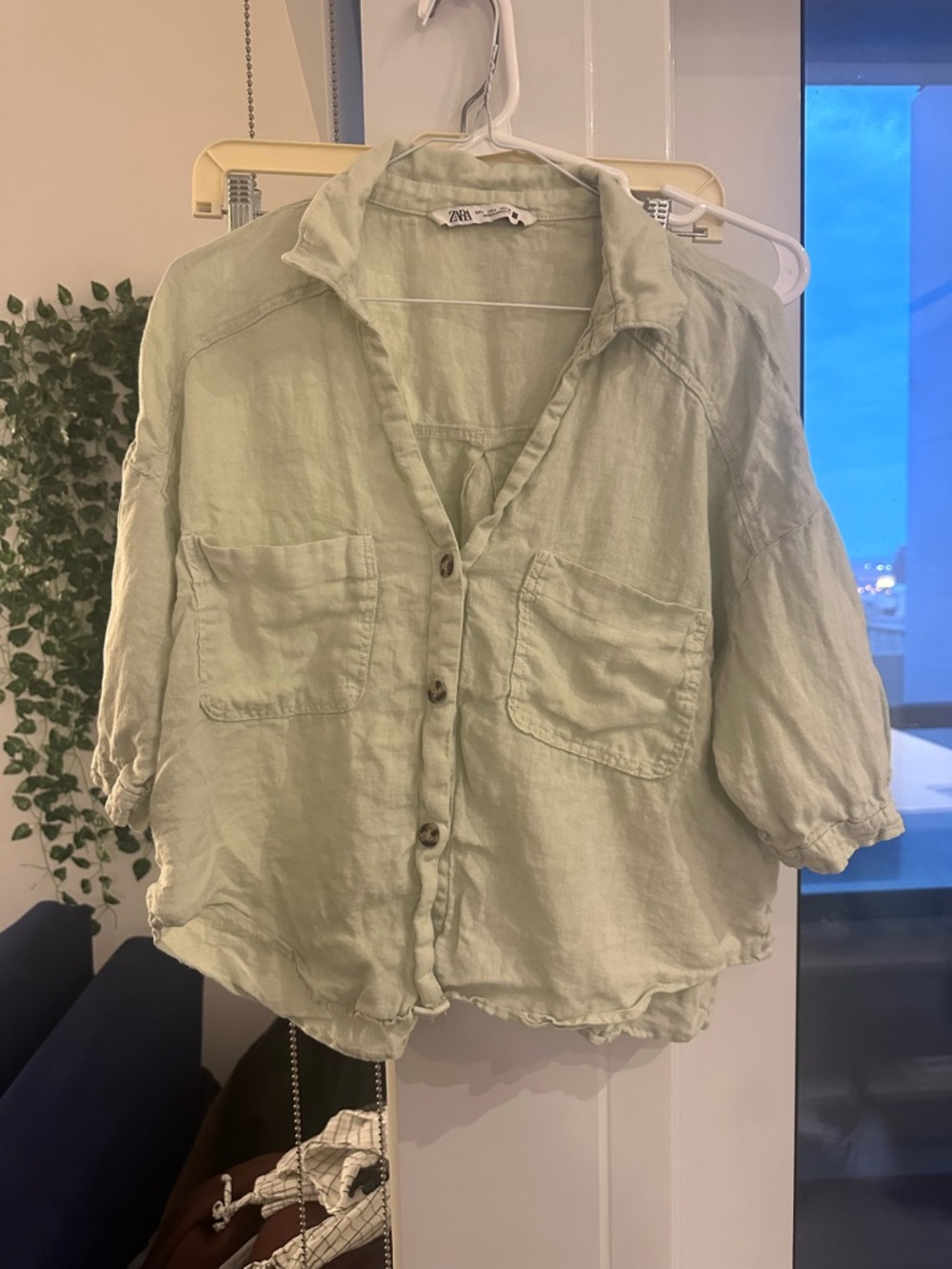 Zara Light Green Linen-Blend Women's Button-Up Top, Slightly cropped